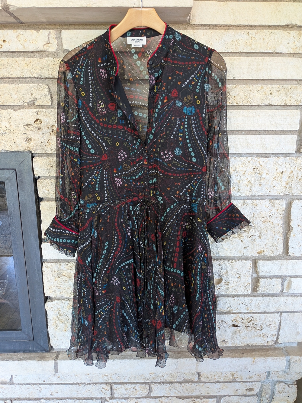Sheer Black Paisley Long-Sleeve Dress - Multicolor Accents Size Small